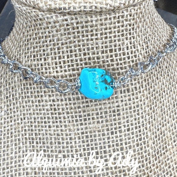 Silver cuban chain turquoise short necklace big ball - Picture 2 of 2